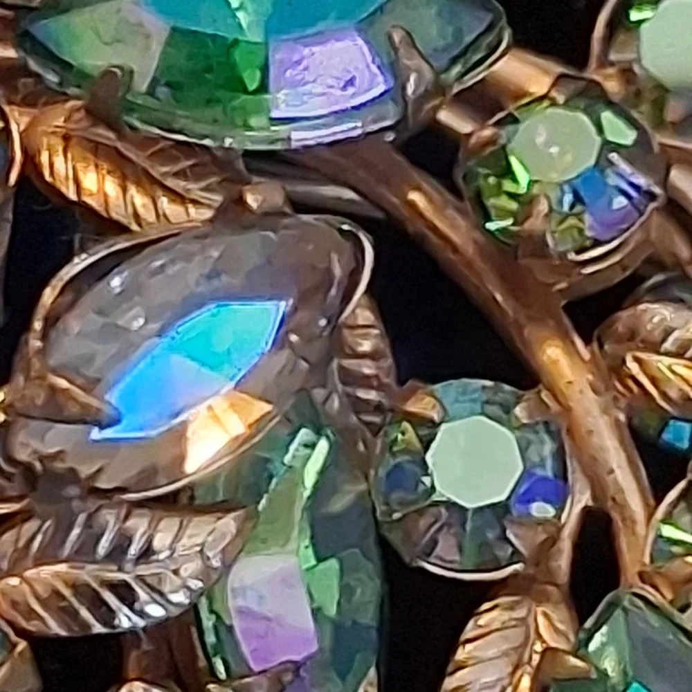 Goldtone Vines And Leaves Brooch With Green And Ab Rhinestones